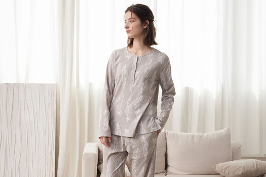 Long Sleeve Women's Henley Nursing PJ Set (Organic Cotton) - Feather Grey