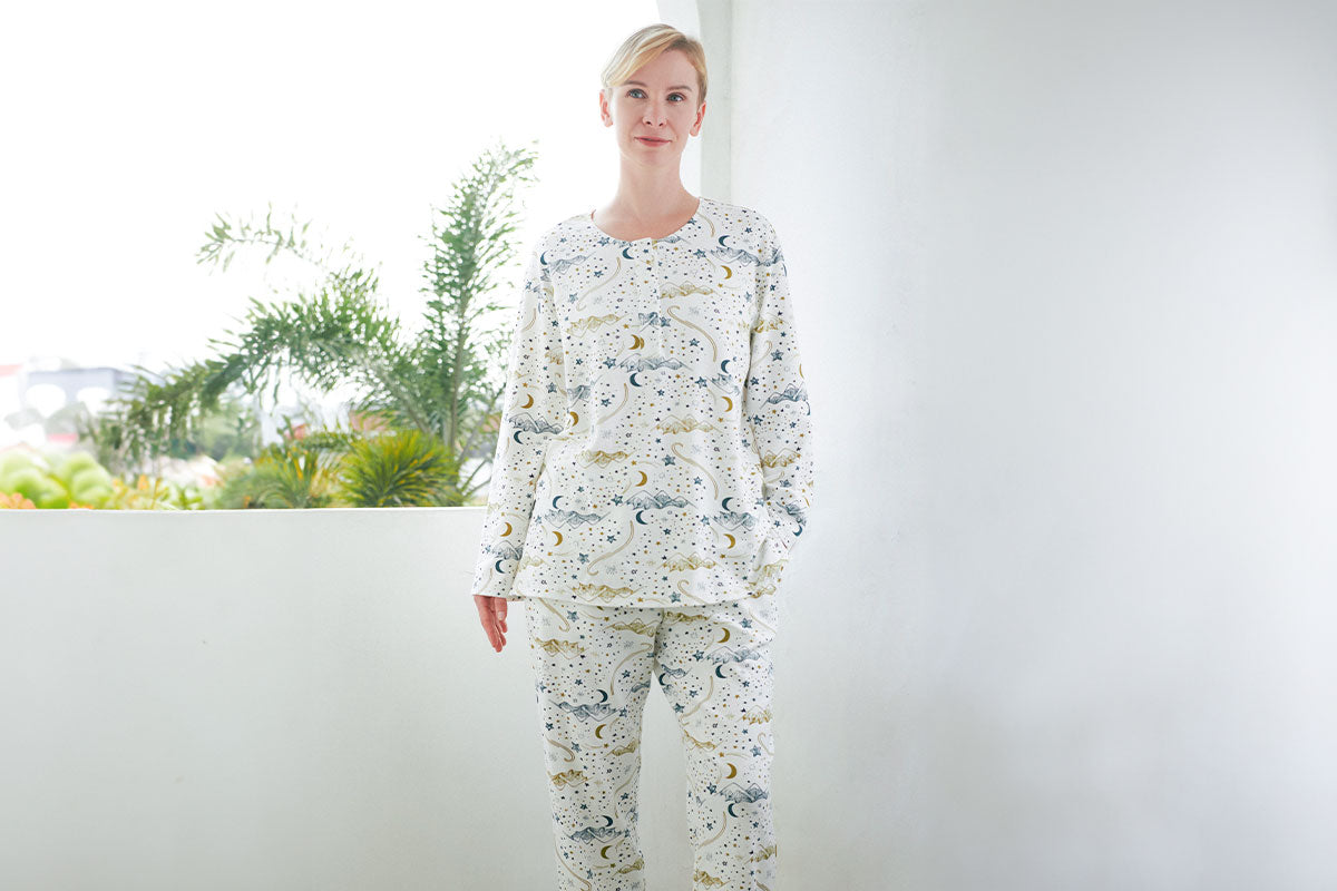 Women's Long Sleeve Nursing PJ Set (Cotton) - Stars White