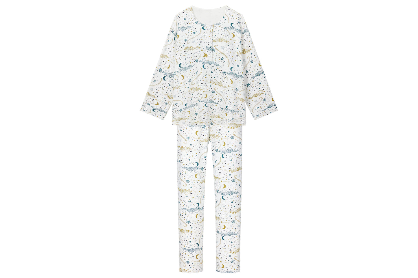 Women's Long Sleeve Nursing PJ Set (Cotton) - Stars White
