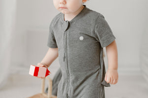 
            
                Load image into Gallery viewer, Basics Bamboo Cotton Short Sleeve Drop Bottom Romper - Charcoal - Nest Designs
            
        