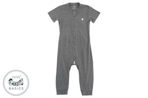 
            
                Load image into Gallery viewer, Basics Bamboo Cotton Short Sleeve Drop Bottom Romper - Charcoal
            
        