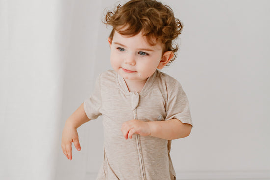 Load image into Gallery viewer, Basics Bamboo Cotton Short Sleeve Drop Bottom Romper - Warm Taupe - Nest Designs
