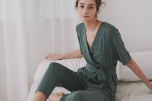 
            
                Load image into Gallery viewer, Women&amp;#39;s Basics Bamboo Cotton Short Sleeve V Neck Romper - Misty Moss
            
        
