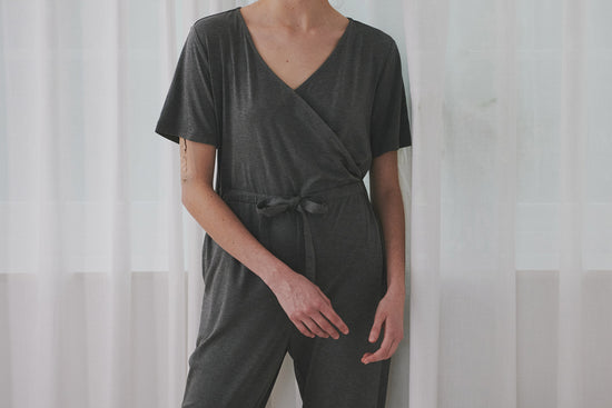 Load image into Gallery viewer, Nest Bump Women&amp;#39;s Short Sleeve Romper (Bamboo Cotton) - Charcoal
