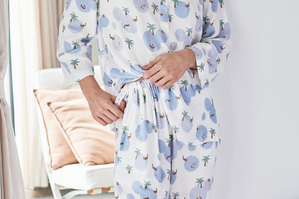 
            
                Load image into Gallery viewer, Women&amp;#39;s Bamboo Pima 3/4 Sleeve Henley Nursing PJ Set - Thirsty Tigers - Nest Designs
            
        