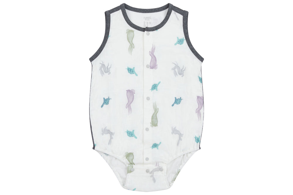
            
                Load image into Gallery viewer, Bamboo Pima Sleeveless Button Down Onesie - The Tortoise &amp;amp; The Hare
            
        