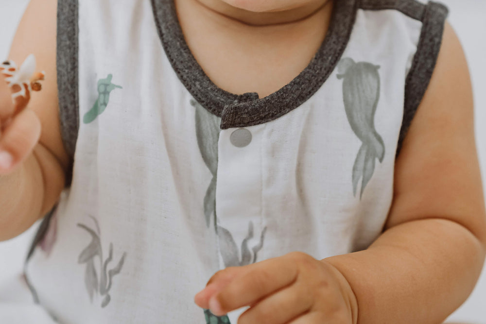 
            
                Load image into Gallery viewer, Bamboo Pima Sleeveless Button Down Onesie - The Tortoise &amp;amp; The Hare
            
        