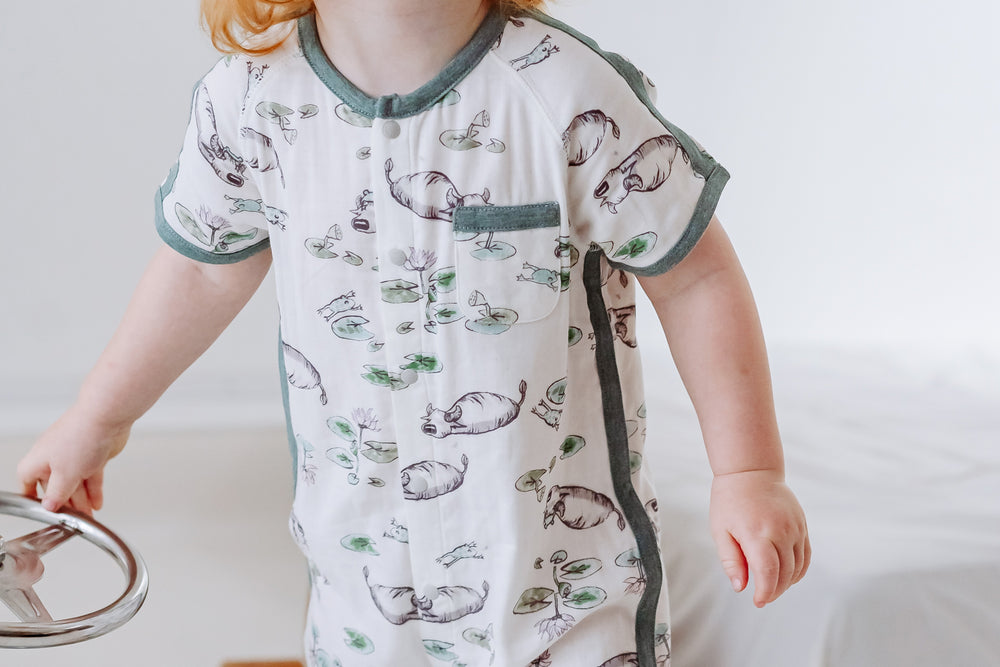 
            
                Load image into Gallery viewer, Bamboo Pima Short Sleeve Romper - The Frog &amp;amp; The Ox
            
        