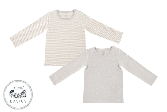 Basics Ribbed Long Sleeve T-Shirt (Organic Cotton, 2 Pack) - Dark Grey